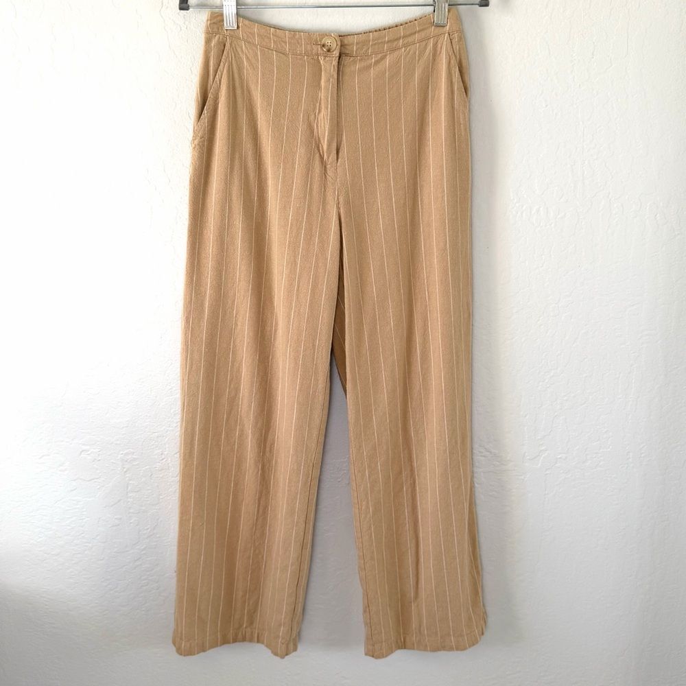 Skies Are Blue Linen Blend Pinstripe Trousers Tan White Coastal Grandma Small